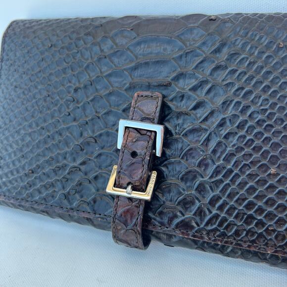Hugo Boss Vintage Brown Croc-Embossed Tri-Fold Clutch Wallet Billfold Buckle - Picture 3 of 12